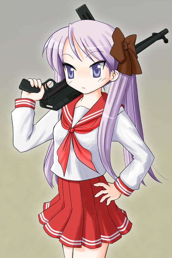 hiraizumi (mugenkidousha), hiiragi kagami, lucky star, 00s, blue eyes, blue hair, gun, mp 40, school uniform, serafuku, solo, submachine gun, weapon