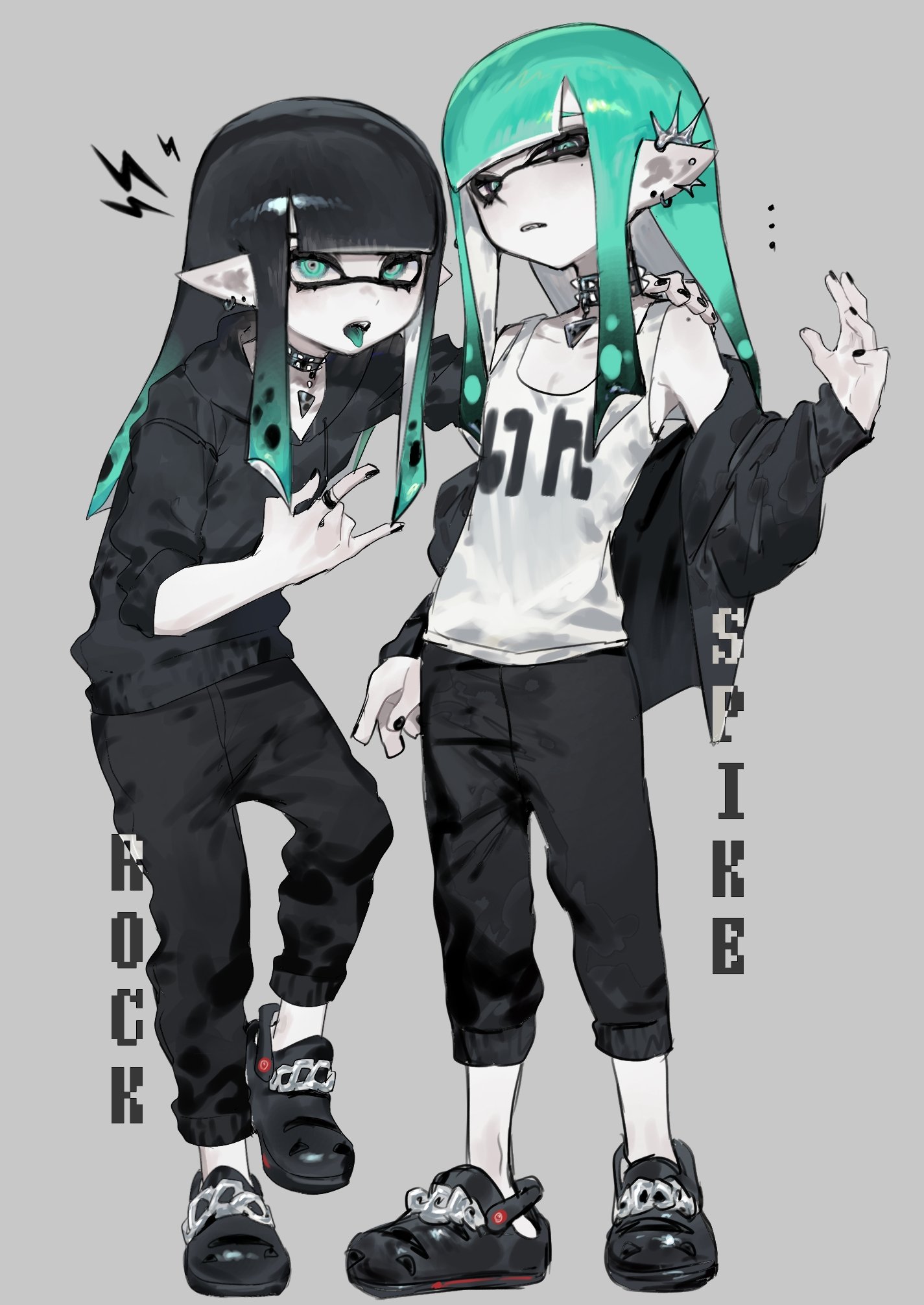 togetoge, inkling boy, inkling player character, nintendo, splatoon (series), commentary request, highres, 2boys, black choker, black hair, black hoodie, black nails, black pants, black shoes, blue eyes, blue hair, blue tongue, choker, clenched teeth, colored skin, colored tongue, earrings, full body, gradient hair, grey background, hand on another's shoulder, hood, hood down, hoodie, inkling, jacket, jewelry, long hair, looking at viewer, male focus, multicolored hair, multiple boys, multiple earrings, open clothes, open jacket, open mouth, pants, pointy ears, ring, ringed eyes, shoes, standing, studded choker, tank top, teeth, tentacle hair, tongue, tongue out, white skin, white tank top
