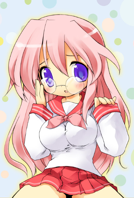 kamiyoshi rika, takara miyuki, lucky star, 00s, 1girl, blue eyes, breasts, cowboy shot, female focus, glasses, large breasts, long hair, looking at viewer, open mouth, pink hair, pleated skirt, purple eyes, red skirt, school uniform, serafuku, skirt, solo
