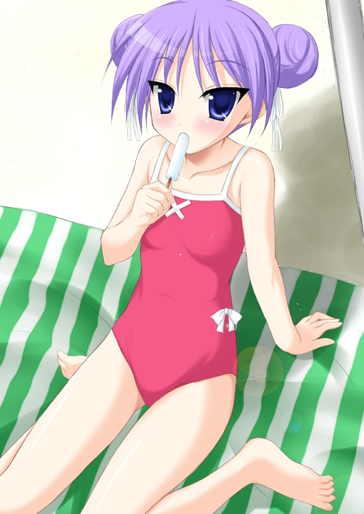 minamori noeru, hiiragi kagami, lucky star, 00s, 1girl, alternate hairstyle, arm support, barefoot, blue eyes, blue hair, double bun, female focus, food, hair bun, leaning back, matching hair/eyes, one-piece swimsuit, popsicle, purple hair, sitting, solo, swimsuit, wariza