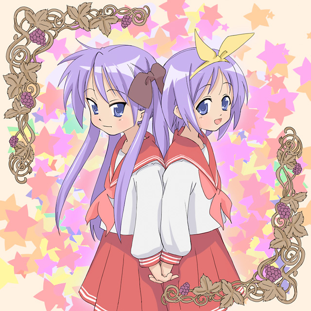 takahashi ren, hiiragi kagami, hiiragi tsukasa, lucky star, 00s, 2girls, back-to-back, blouse, blue eyes, blue hair, bow, food, fruit, grapes, hair bow, holding hands, interlocked fingers, multiple girls, neckerchief, open mouth, pink neckerchief, pink skirt, purple eyes, purple hair, red neckerchief, school uniform, serafuku, shirt, siblings, sisters, skirt, standing, star (symbol), twins