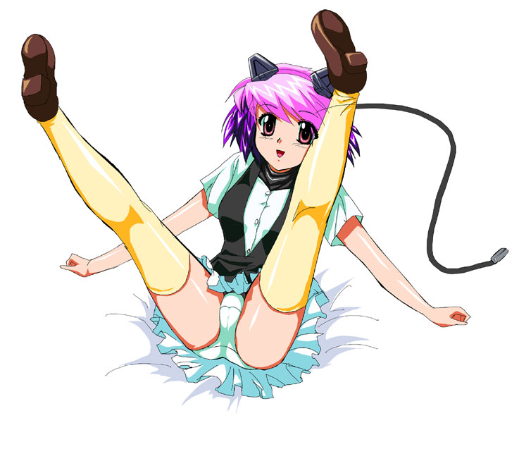eyeball (artist), ropponmatsu 2, excel saga, 1990s (style), 1girl, female focus, legs up, multicolored hair, panties, pantyshot, pink hair, purple eyes, purple hair, retro artstyle, robot ears, short hair, skirt, solo, spread legs, thighhighs, two-tone hair, underwear, upskirt, white background, white panties, yellow thighhighs