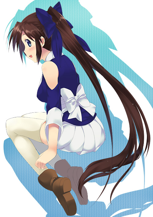 mizuki makoto, suzu (nagasarete airantou), nagasarete airantou, 00s, 1girl, :o, ankle boots, apron, bare shoulders, blue eyes, blush, boots, bow, brown boots, brown hair, female focus, full body, open mouth, pleated skirt, ponytail, sitting, skirt, solo, thighhighs, waist apron, white bow, white skirt, yokozuwari, zettai ryouiki