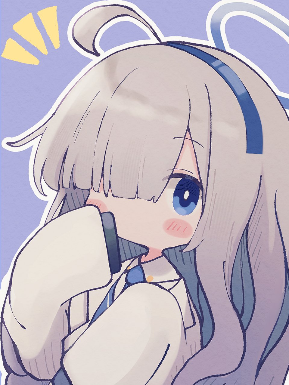 amataro21, millennium science school student (blue archive), millennium science school student b (blue archive), blue archive, commentary, highres, 1girl, ahoge, blue background, blue eyes, blue hairband, blue halo, blue necktie, blunt bangs, blush stickers, bright pupils, chibi, chibi only, coat, collared shirt, grey hair, hair over one eye, hairband, halo, lab coat, long hair, looking at viewer, necktie, no mouth, notice lines, one eye covered, open clothes, open coat, outline, school uniform, shirt, simple background, sleeves past fingers, sleeves past wrists, solo, upper body, very long hair, white coat, white outline, white pupils, white shirt, wide sleeves