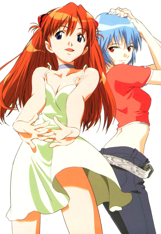 ayanami rei, souryuu asuka langley, neon genesis evangelion, 2girls, bare shoulders, blue eyes, blue hair, casual, choker, denim, dress, female focus, jeans, long hair, midriff, multiple girls, open mouth, pants, purple eyes, red eyes, red hair, short hair, simple background, smile, white background, yellow dress