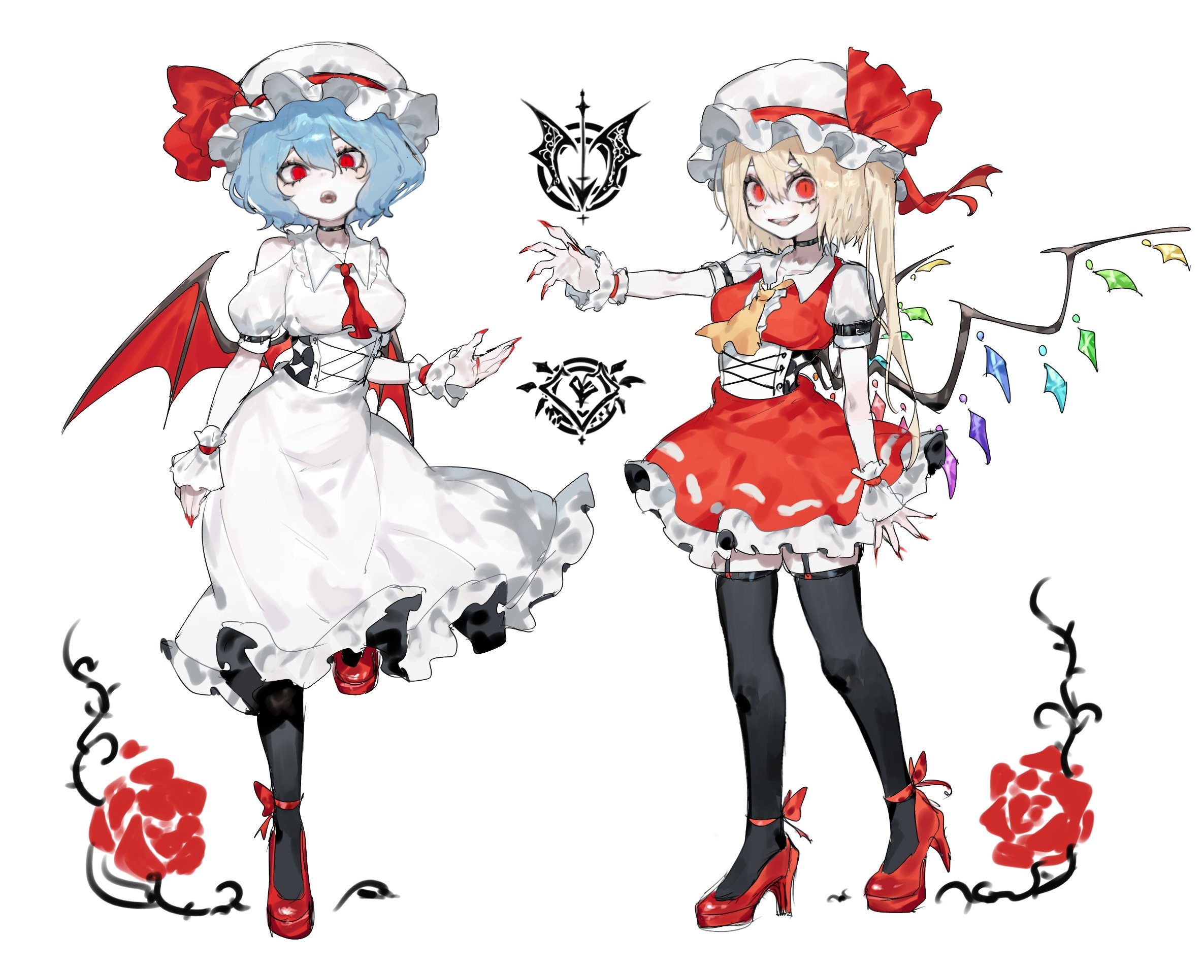 togetoge, flandre scarlet, remilia scarlet, touhou, commentary request, highres, 2girls, ascot, bat wings, black choker, black pantyhose, black thighhighs, black wings, blonde hair, blue hair, breasts, choker, clothing cutout, collared dress, crystal wings, dress, frilled wrist cuffs, frills, full body, garter straps, hair between eyes, hat, hat ribbon, long hair, looking at viewer, medium breasts, mob cap, multiple girls, open mouth, pantyhose, puffy short sleeves, puffy sleeves, red ascot, red dress, red eyes, red nails, red ribbon, red shoes, red wrist cuffs, ribbon, shoes, short hair, short sleeves, shoulder cutout, side ponytail, skindentation, smile, standing, standing on one leg, thighhighs, white background, white dress, white hat, wings, wrist cuffs, yellow ascot