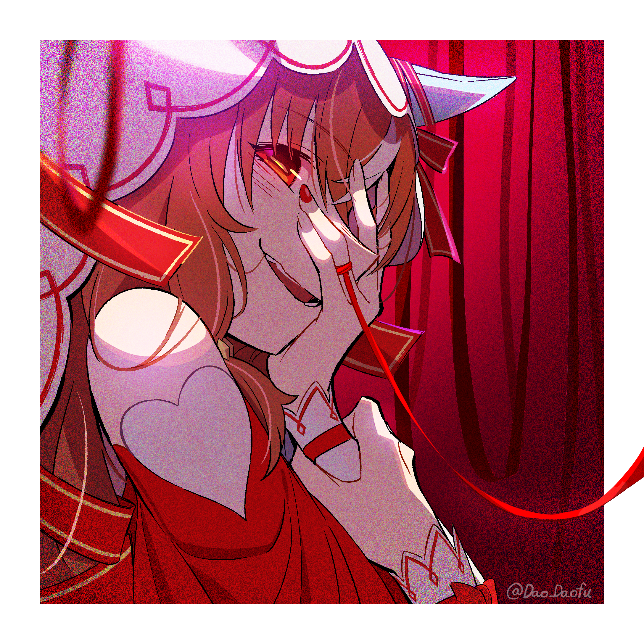 teddy (takarada), still in love (umamusume), umamusume, commentary request, highres, 1girl, brown hair, horse girl, long hair, looking at viewer, open mouth, red eyes, smile, solo, twitter username, upper body, veil