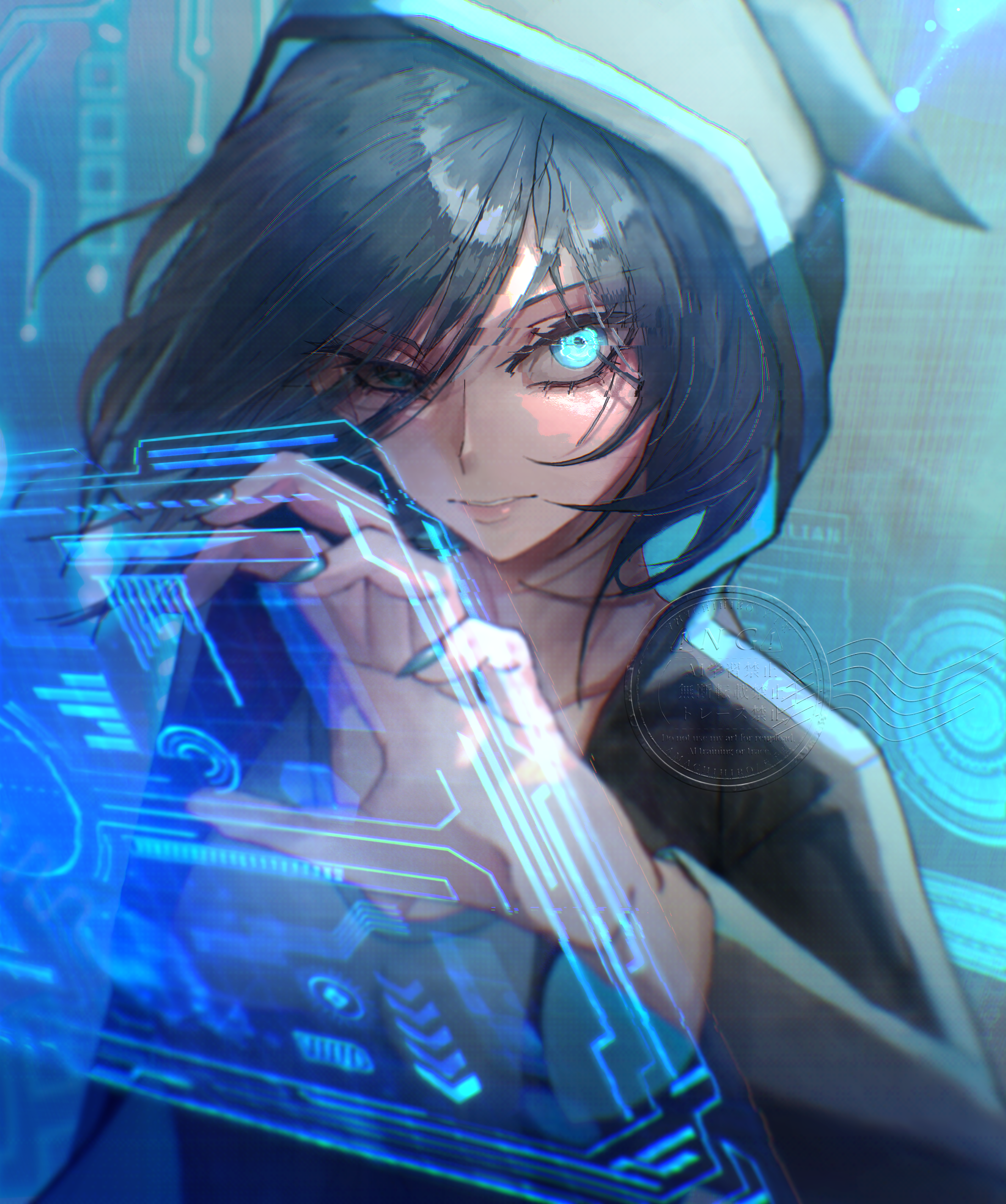 gacha (series), gacha world, absurdres, highres, non-web source, 1girl, amachihiro (artist), artificial eye, black hoodie, black jacket, blue background, blue eyes, blue hair, blue nails, blue shirt, creator luni, glitch, hologram, holographic interface, hood, hoodie, jacket, lens flare, lunime, mechanical eye, shirt, technology