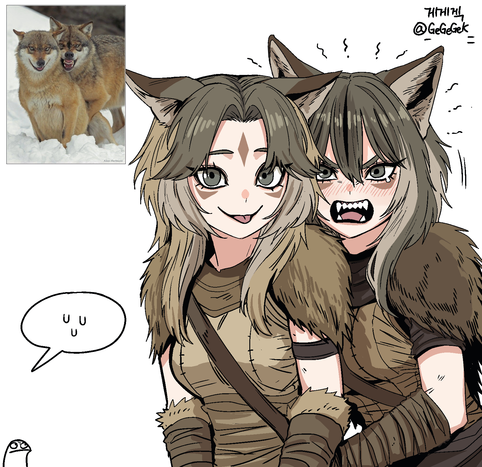 gegegekman, original, highres, photo-referenced, 2girls, :p, animal, animal ear fluff, animal ears, artist name, blush, breasts, brown hair, creature and personification, eyelashes, fangs, grey eyes, grey hair, hair between eyes, long hair, looking at viewer, multicolored hair, multiple girls, open mouth, personification, photo inset, reference inset, short sleeves, sidelocks, signature, simple background, smile, speech bubble, spoken sweatdrop, sweatdrop, teeth, tongue, tongue out, twitter username, upper body, white background, wolf, wolf ears, wolf girl
