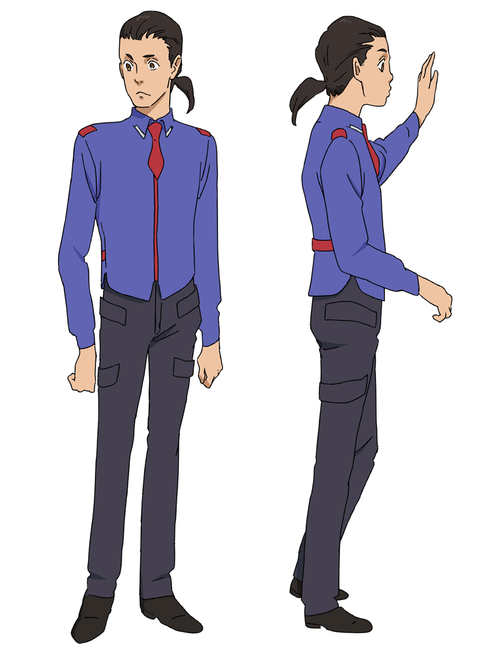 yoshida ken'ichi, chikyuugai shounen shoujo, highres, official art, 2boys, anime coloring, blue shirt, brown eyes, brown hair, brown shoes, clenched hands, closed mouth, dress shoes, from side, full body, grey pants, hand up, jonson (chikyuugai), long sleeves, looking to the side, low ponytail, medium hair, multiple boys, multiple views, necktie, open hand, pants, ponytail, profile, red necktie, shirt, shoes, simple background, standing, transparent background, untucked shirt