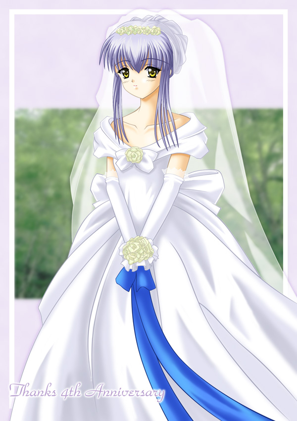 hoshino ruri, kidou senkan nadesico, blue hair, dress, wedding dress, yellow eyes