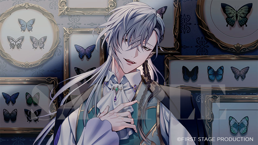 manomenou, first stage production, samsa (vocaloid), official art, 1boy, :d, aqua vest, ascot, black hair, black jacket, braid, brooch, bug, butterfly, cassian floros, collared shirt, copyright notice, ear covers, earrings, framed insect, frilled sleeves, frills, gold trim, grey hair, hair between eyes, hair over one eye, half-closed eyes, hand on own chest, insect, jacket, jacket on shoulders, jewelry, long hair, long sleeves, looking at viewer, male focus, multicolored hair, open mouth, pointy ears, sample watermark, shirt, side braid, side part, smile, solo, streaked hair, upper body, vest, virtual youtuber, wallpaper (object), watermark, white ascot, white shirt, yellow eyes