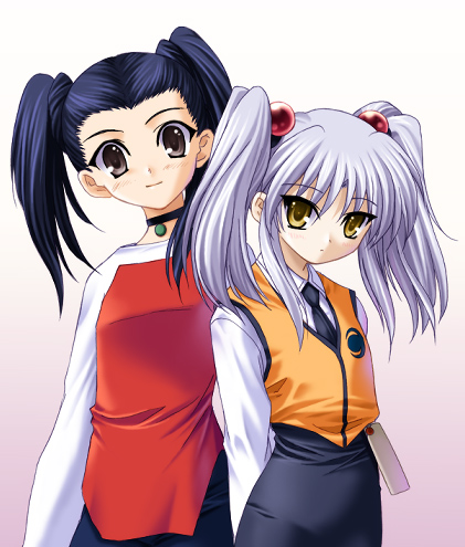 na-ga, hoshino ruri, moriyama nayuta, gakuen senki muryou, kidou senkan nadesico, uniform, lowres, 00s, 2girls, blue hair, creator connection, crossover, multiple girls, twintails, yellow eyes