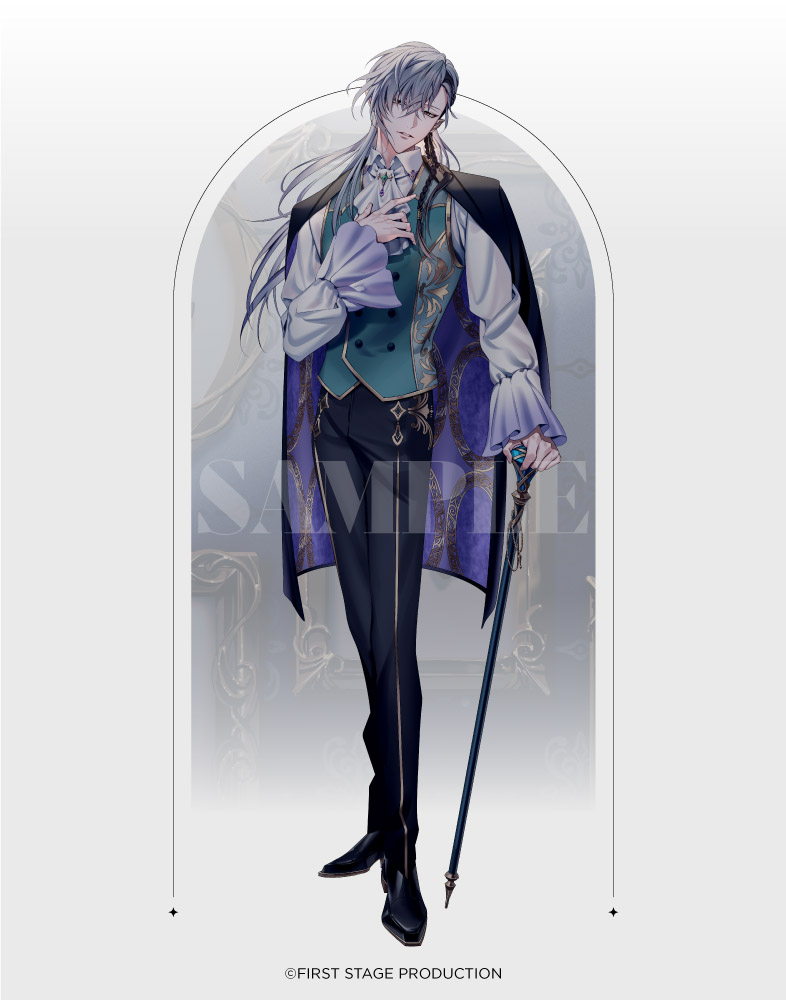 manomenou, first stage production, samsa (vocaloid), official art, 1boy, aqua vest, ascot, black hair, black jacket, black pants, black shoes, blurry, blurry background, braid, brooch, buttons, cane, cassian floros, collared shirt, copyright notice, double-breasted, ear covers, earrings, frilled sleeves, frills, full body, gold trim, grey hair, hair between eyes, hair over one eye, half-closed eyes, hand on own chest, holding, holding cane, jacket, jacket on shoulders, jewelry, long hair, long sleeves, looking at viewer, male focus, multicolored hair, pants, parted lips, picture frame, pointy ears, sample watermark, shirt, shoes, side braid, side part, simple background, solo, standing, streaked hair, vest, virtual youtuber, wallpaper (object), watermark, white ascot, white background, white shirt, yellow eyes