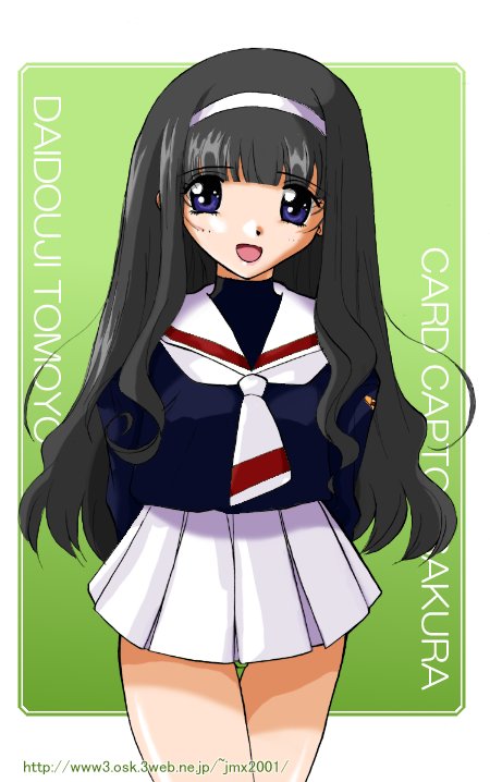 daidouji tomoyo, cardcaptor sakura, 1990s (style), 1girl, black hair, blue eyes, character name, child, copyright name, female focus, green background, long hair, looking at viewer, retro artstyle, school uniform, serafuku, simple background, smile, solo, tomoeda middle school uniform, watermark, web address