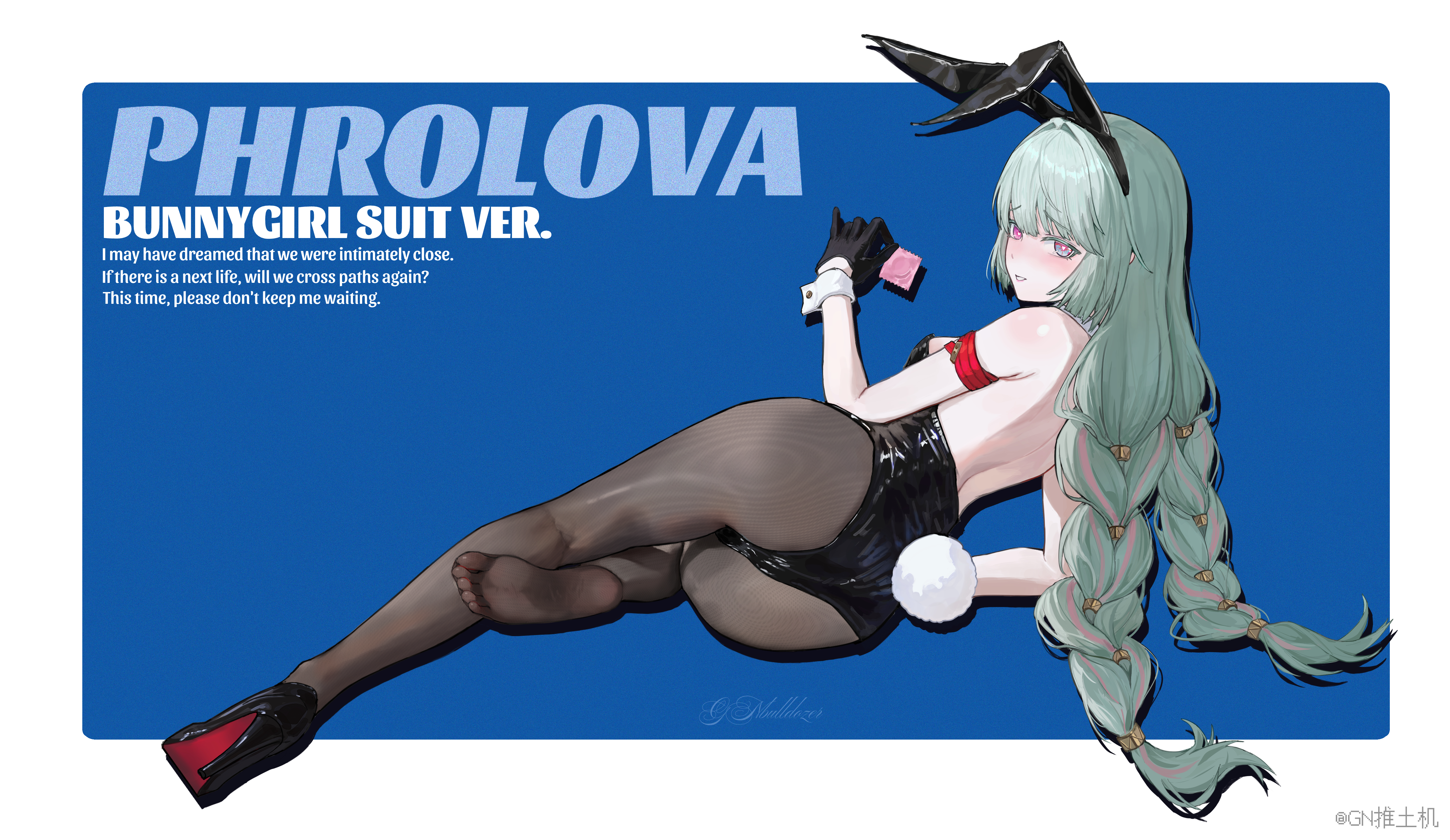 gn tuituji, phrolova (wuthering waves), wuthering waves, absurdres, chinese commentary, commentary request, highres, 1girl, animal ear hairband, animal ears, bare back, black gloves, black leotard, black pantyhose, black shoes, blue background, blush, border, braid, breasts, condom, condom wrapper, english text, fake animal ears, fake tail, feet, flower, from behind, gloves, grey eyes, grey hair, hairband, heterochromia, high heels, holding, holding condom, leotard, long hair, looking at viewer, looking back, low twin braids, lying, medium breasts, multicolored hair, on side, pantyhose, parted lips, rabbit ear hairband, rabbit ears, rabbit tail, red eyes, red pupils, shoes, signature, single shoe, soles, solo, spider lily, streaked hair, tail, toes, twin braids, white border, white wrist cuffs, wrist cuffs