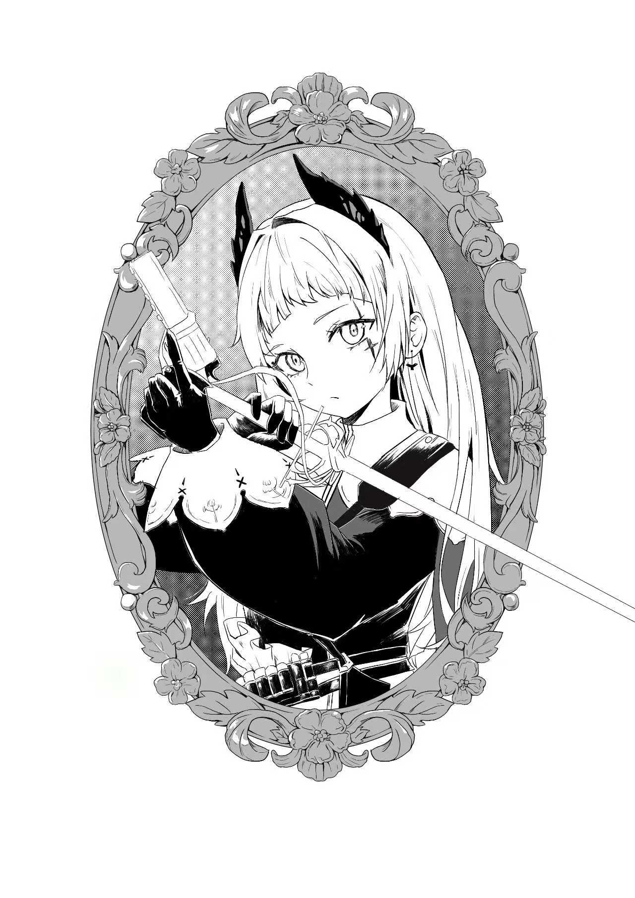 irene (arknights), arknights, chinese commentary, commentary request, highres, 1girl, border, closed mouth, earrings, greyscale, gun, handgun, holding, holding gun, holding sword, holding weapon, jewelry, long hair, long sleeves, looking at viewer, monochrome, ornate border, puffy long sleeves, puffy sleeves, scar, scar across eye, scar on face, senou790, solo, sword, trigger discipline, upper body, weapon