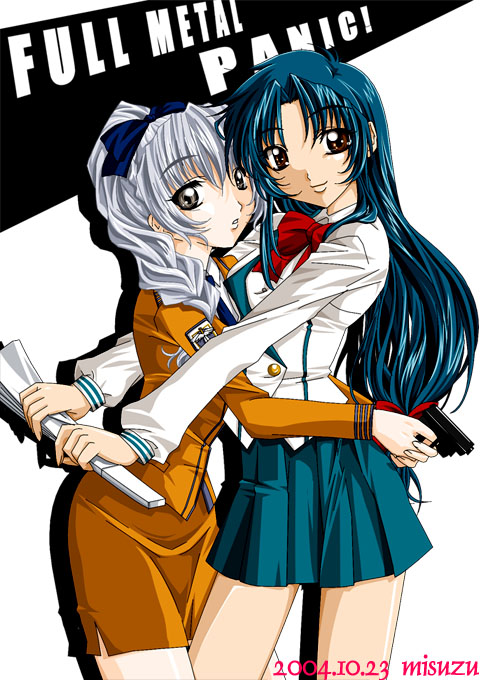 chidori kaname, teletha testarossa, full metal panic!, 00s, blue hair, grey hair, gun, hand fan, harisen, school uniform, serafuku, weapon