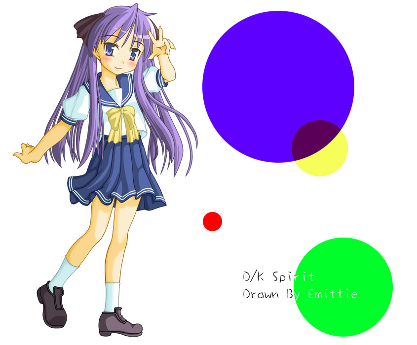 emitti, hiiragi kagami, lucky star, eyebrows, 00s, 1girl, artist name, blue eyes, blue hair, blue skirt, blush, bow, closed mouth, female focus, full body, hair ribbon, long hair, looking at viewer, matching hair/eyes, puffy short sleeves, puffy sleeves, purple hair, ribbon, school uniform, serafuku, shoes, short sleeves, simple background, skirt, socks, solo, v, white background, white socks