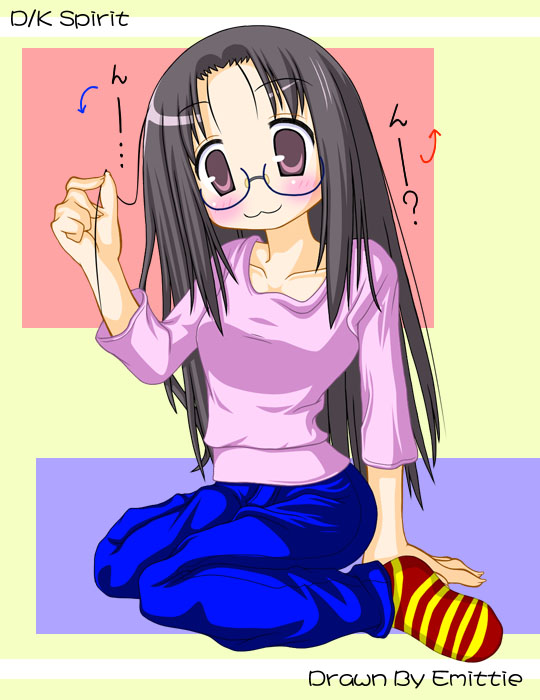 emitti, tamura hiyori, lucky star, tagme, 00s, 1girl, :3, brown hair, female focus, full body, glasses, sitting, solo