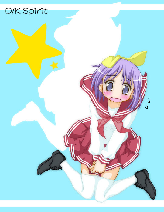 hiiragi tsukasa, lucky star, 00s, blue eyes, blue hair, school uniform, serafuku, thighhighs