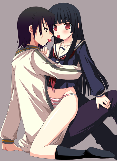 tajima yoshikazu, enma ai, ichimoku ren, jigoku shoujo, 00s, 1boy, 1girl, black hair, black serafuku, blunt bangs, cherry, couple, food, fruit, green eyes, hetero, hime cut, mouth hold, no pants, panties, red eyes, school uniform, serafuku, striped clothes, striped panties, underwear