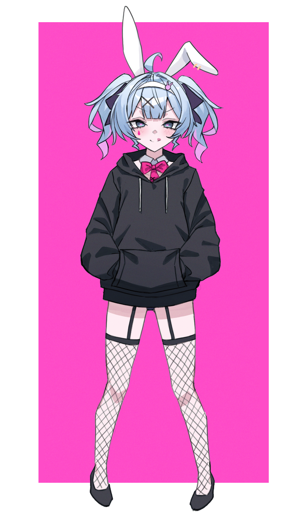 gabang, hatsune miku, rabbit hole (vocaloid), vocaloid, 1girl, animal ears, blue hair, bow, bowtie, fake animal ears, fishnet pantyhose, fishnets, looking at viewer, pantyhose, pink background, rabbit ears, solo, tongue, tongue out, two-tone background, white background