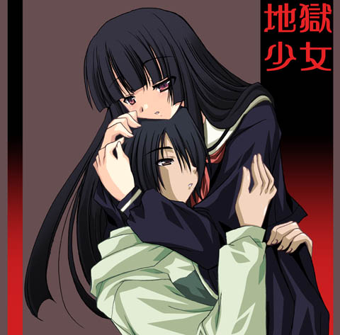 enma ai, ichimoku ren, jigoku shoujo, lowres, 00s, black hair, green eyes, red eyes