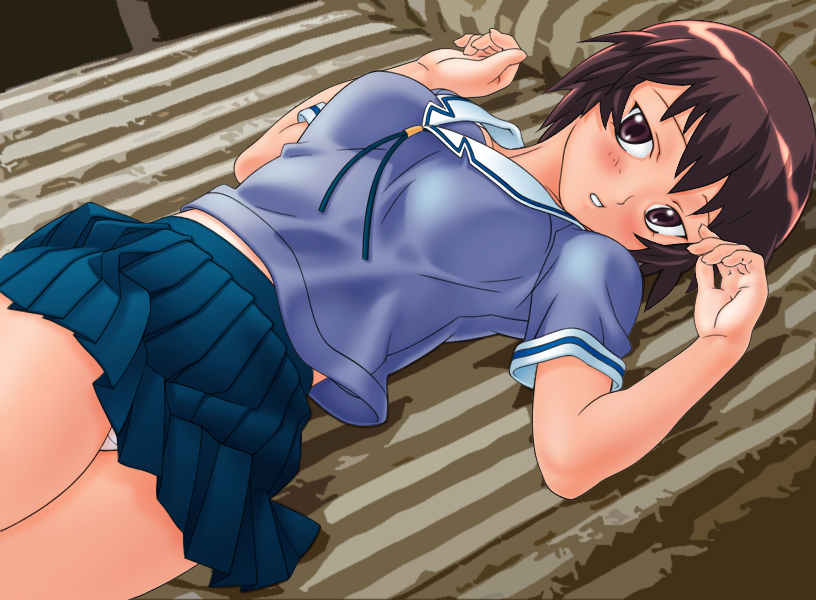 kagura, kagura (azumanga daioh), azumanga daiou, 1girl, blush, brown eyes, brown hair, clothes lift, female focus, panties, pantyshot, school uniform, serafuku, skirt, skirt lift, solo, underwear