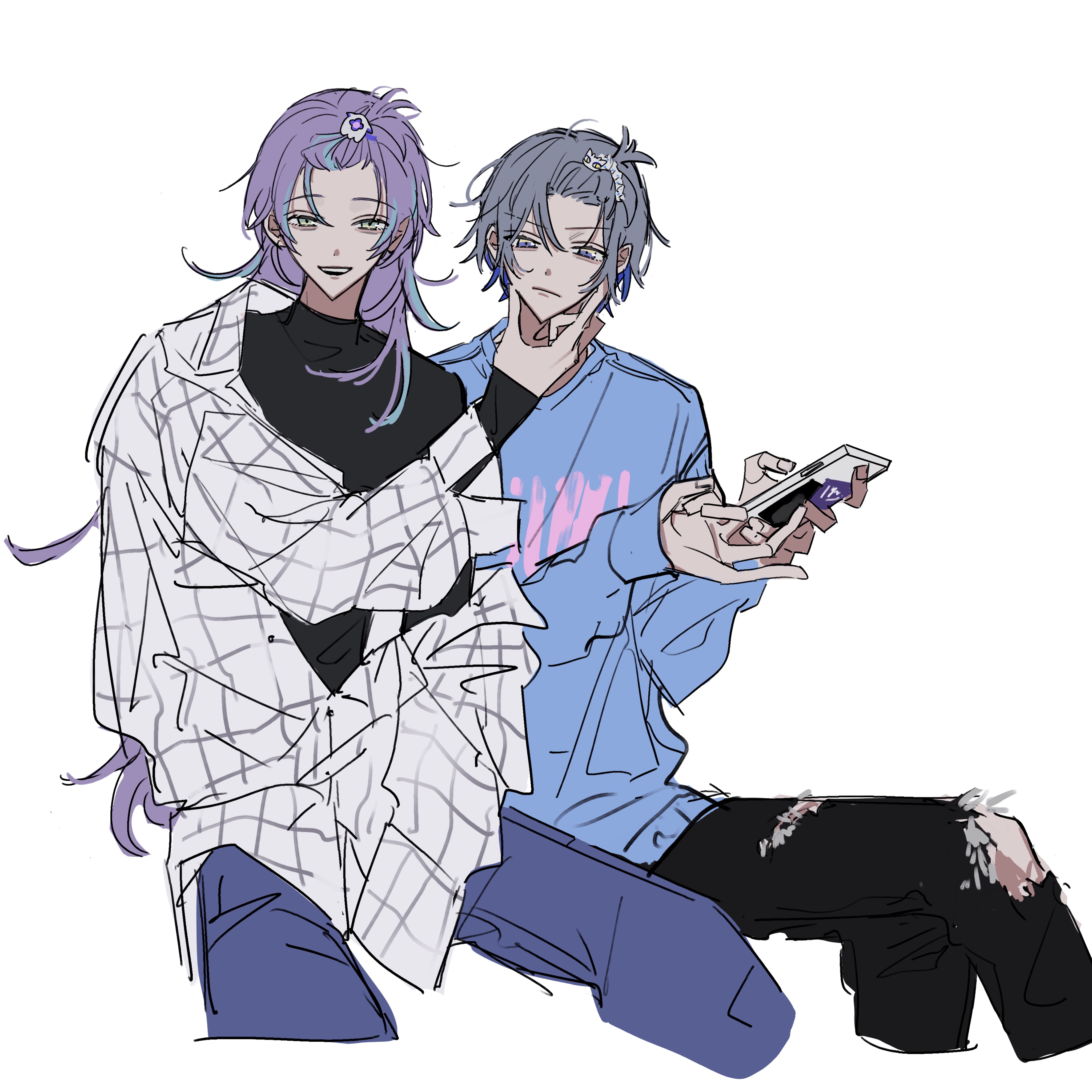 kesiks0616, hoshirube sho, koyanagi rou, nijisanji, absurdres, highres, 2boys, black pants, blue hair, blue pants, cellphone, crossed legs, denim, expressionless, feet out of frame, hair ornament, holding, jeans, long hair, long sleeves, looking at viewer, male focus, multicolored hair, multiple boys, open mouth, pants, parted bangs, phone, purple hair, shirt, short hair, simple background, sitting, sketch, smile, torn clothes, torn jeans, torn pants, turtleneck, virtual youtuber, white background