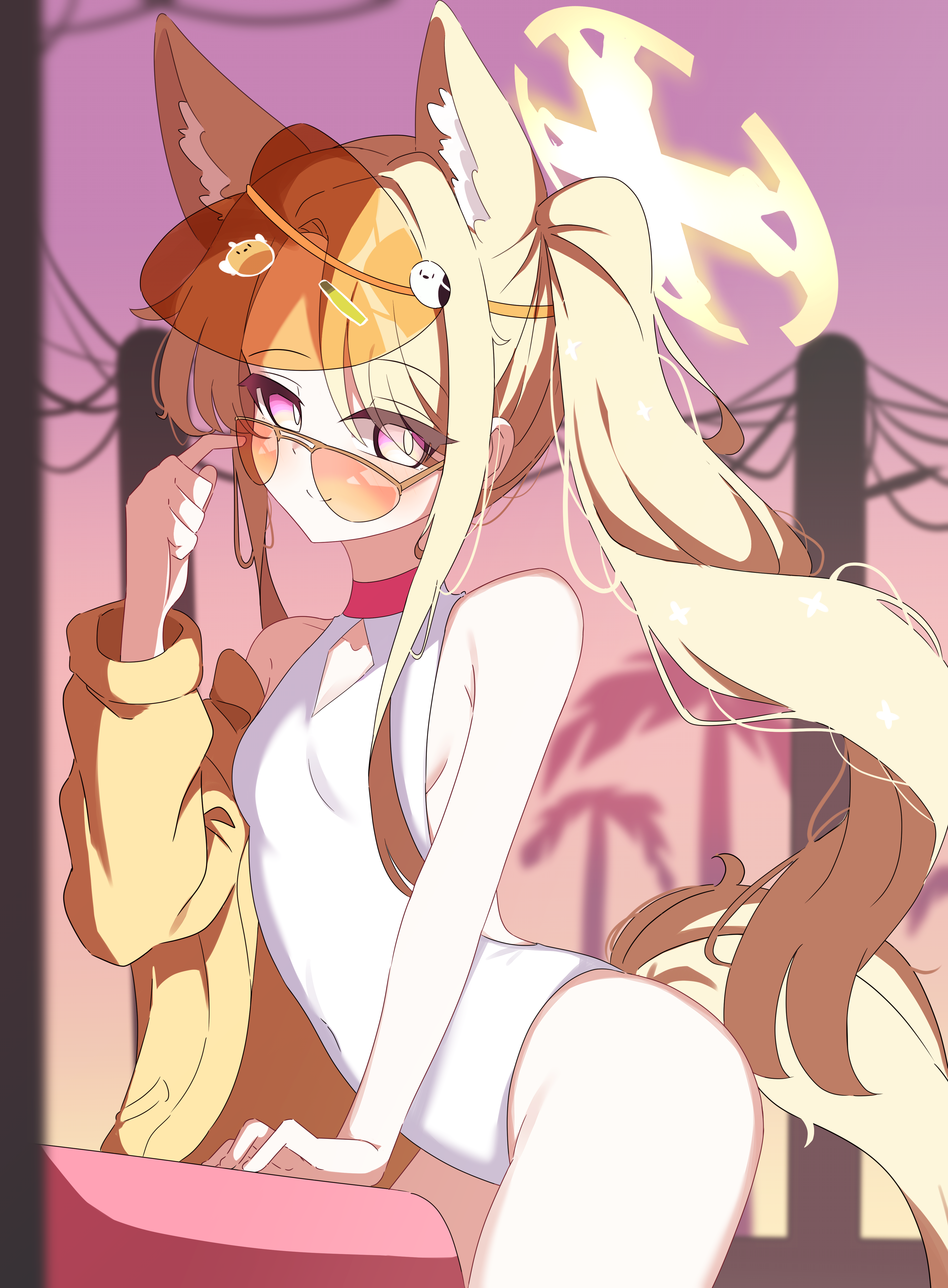 qorwja, seia (blue archive), seia (swimsuit) (blue archive), blue archive, absurdres, highres, 1girl, animal ear fluff, animal ears, bare shoulders, blonde hair, closed mouth, extra ears, eyes visible through hair, flat chest, fox ears, fox girl, fox tail, from side, hair over one eye, halo, highleg, highleg one-piece swimsuit, jacket, official alternate costume, official alternate hairstyle, one-piece swimsuit, orange-tinted eyewear, pink eyes, side ponytail, sidelocks, single bare arm, smile, solo, swimsuit, tail, tinted eyewear, visor cap, white one-piece swimsuit, yellow halo, yellow jacket