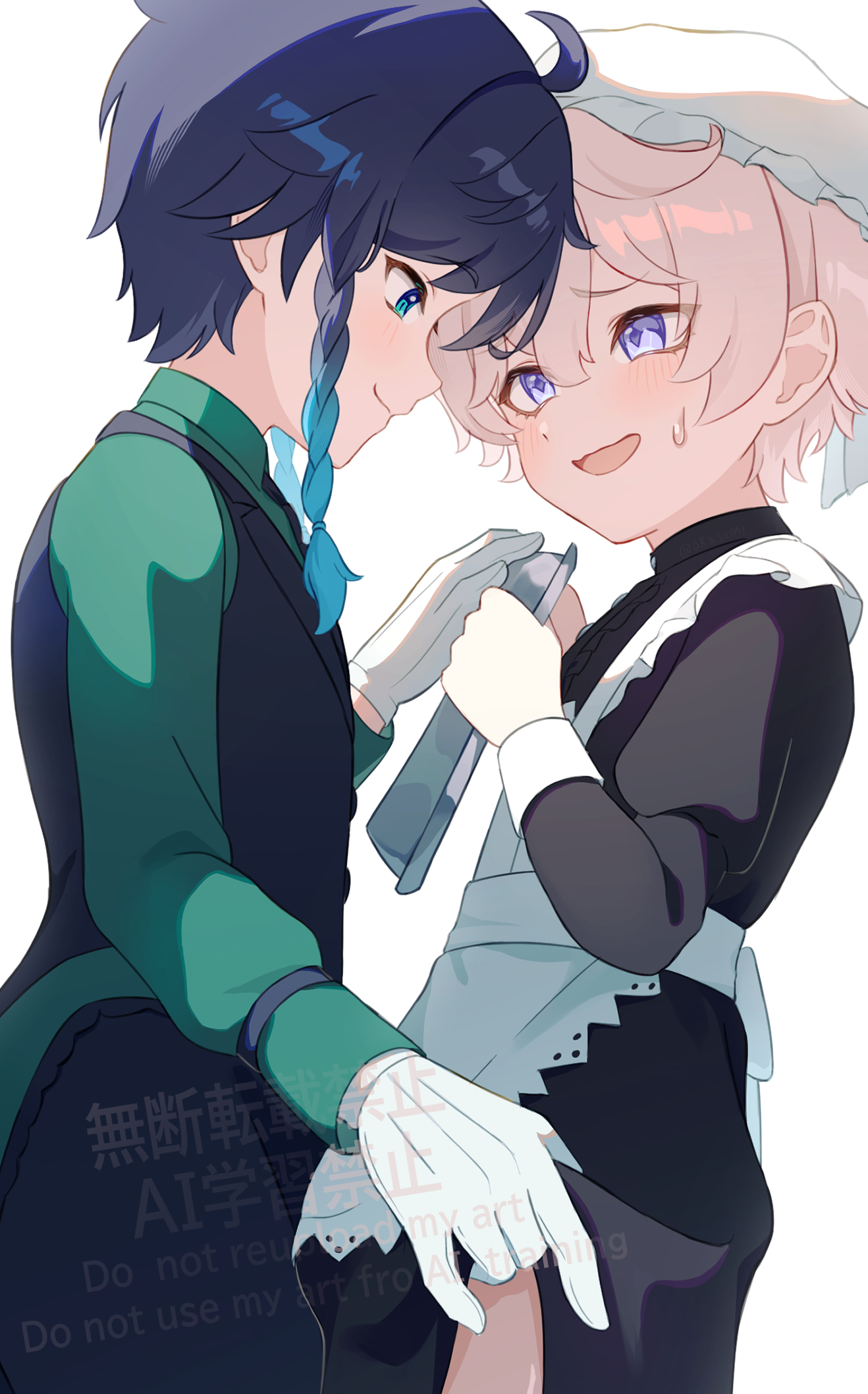 dahlia (genshin impact), venti (genshin impact), genshin impact, highres, 2boys, alternate costume, apron, aqua eyes, aqua hair, black dress, black hair, black pants, black vest, blonde hair, braid, closed mouth, dress, frilled apron, frills, gloves, gradient hair, green shirt, hat, long sleeves, maid, maid apron, male focus, mikan (akasa051), multicolored hair, multiple boys, pants, purple eyes, shirt, short hair, short hair with long locks, smile, twin braids, vest, waist apron, white apron, white gloves, white hat, yaoi