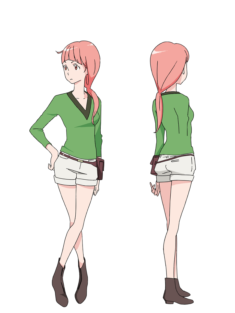yoshida ken'ichi, chikyuugai shounen shoujo, highres, official art, 2girls, anime coloring, back, belt, belt pouch, blunt bangs, breasts, brown belt, closed mouth, collarbone, crossed ankles, from behind, full body, green shirt, hand on own hip, long hair, long sleeves, looking to the side, low ponytail, medium breasts, multiple girls, multiple views, nasa houston, pink eyes, pink hair, ponytail, pouch, shirt, shoes, shorts, simple background, standing, transparent background, white shorts