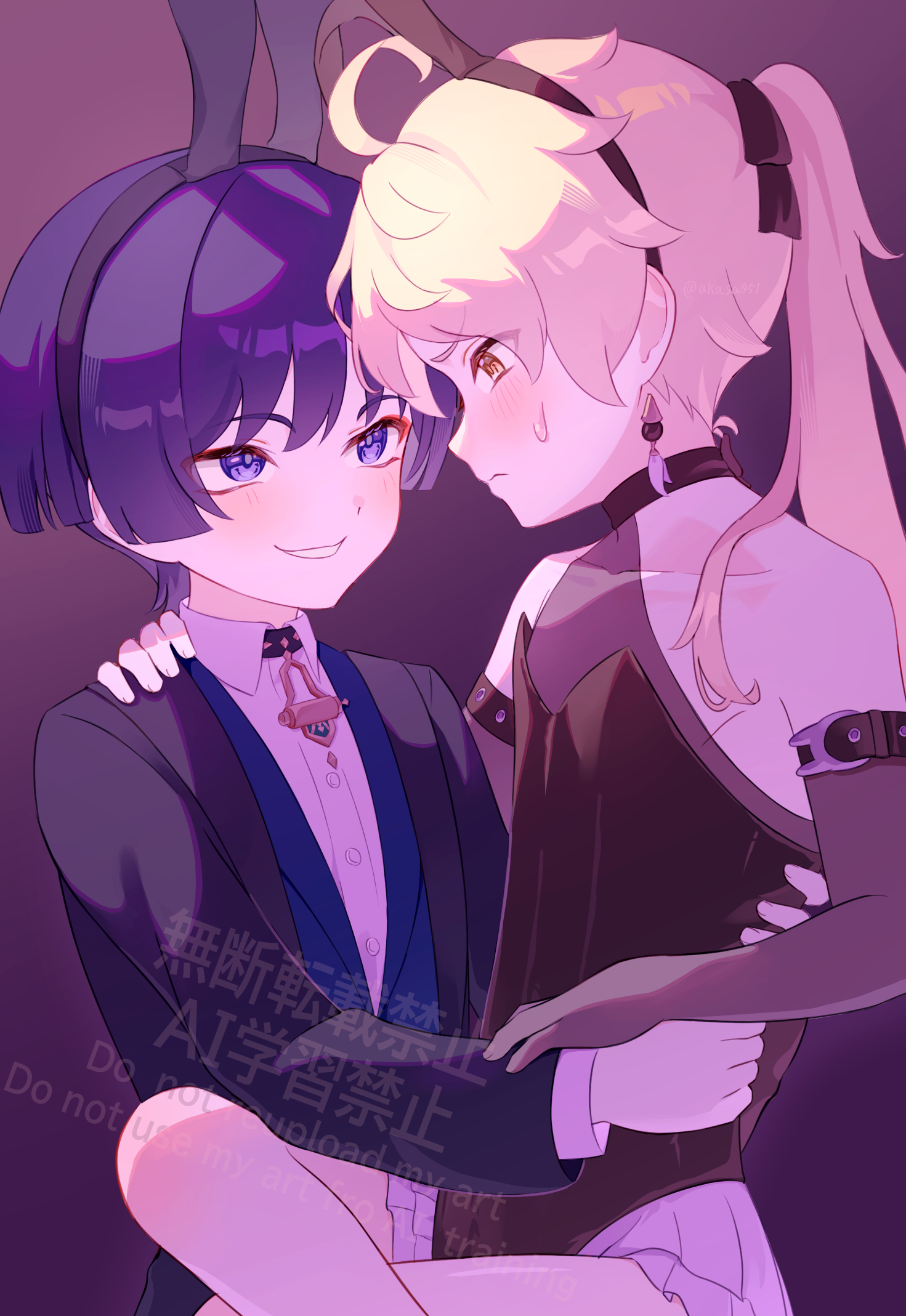 aether (genshin impact), scaramouche (genshin impact), genshin impact, highres, 2boys, animal ears, black choker, black gloves, black hairband, black jacket, black leotard, black sleeves, black suit, blonde hair, blunt ends, blush, choker, closed mouth, earrings, fake animal ears, formal clothes, gloves, hair between eyes, hairband, jacket, jewelry, leotard, long hair, long sleeves, male focus, mikan (akasa051), multiple boys, ponytail, purple eyes, purple hair, rabbit ears, shirt, short hair, single earring, smile, suit, white shirt, yaoi, yellow eyes