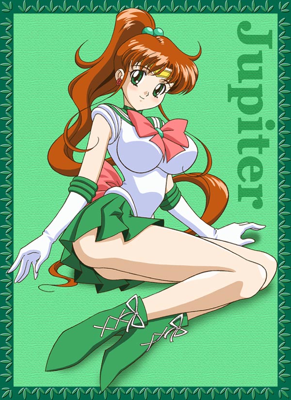 kino makoto, sailor jupiter, bishoujo senshi sailor moon, artist request, second-party source, 1990s (style), 1girl, boots, bow, breasts, brown hair, character name, choker, earrings, elbow gloves, female focus, gloves, green background, green boots, green eyes, green skirt, green theme, hair bobbles, hair ornament, impossible clothes, impossible shirt, jewelry, large breasts, legs, long hair, magical girl, pink bow, ponytail, retro artstyle, school uniform, serafuku, shirt, skirt, solo, tiara, white gloves