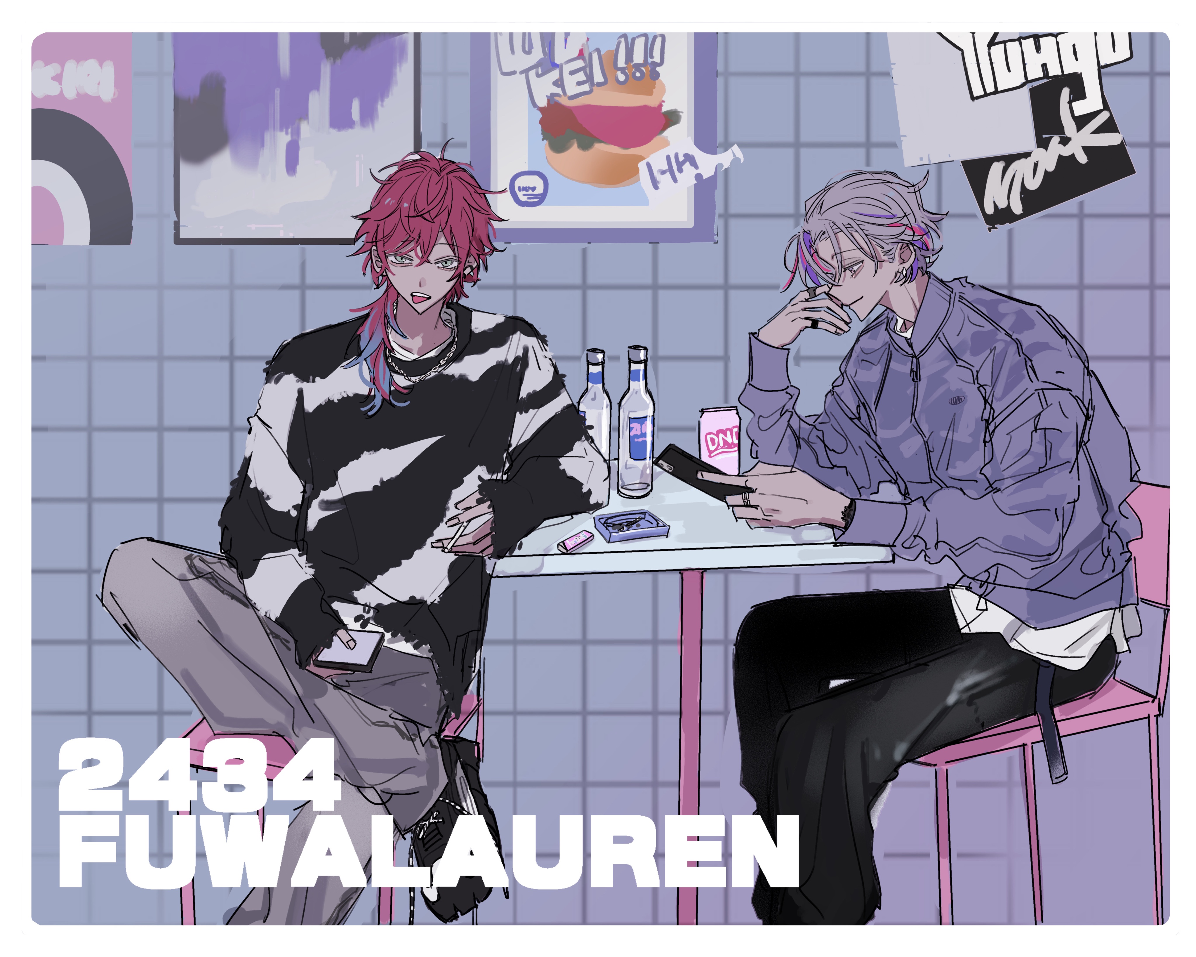 kesiks0616, fuwa minato, lauren iroas, nijisanji, absurdres, highres, 2boys, alternate costume, bar stool, bottle, cellphone, chair, character name, copyright name, crossed legs, cup, drinking glass, earrings, english text, food, grey hair, holding, holding phone, indoors, jewelry, long hair, long sleeves, low ponytail, male focus, multiple boys, pants, phone, ponytail, poster (object), purple hair, red hair, shirt, short hair, sitting, smartphone, smile, stool, striped clothes, striped shirt, table, virtual youtuber, wine bottle