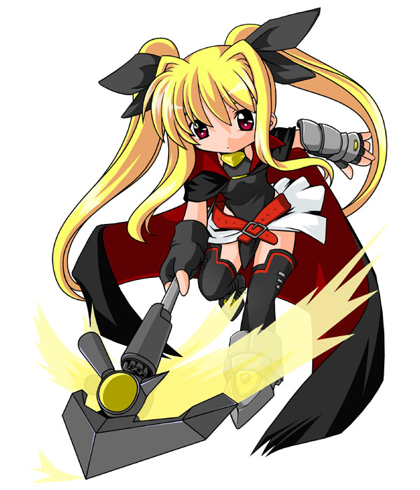 kei (fortune), bardiche (nanoha), bardiche (scythe form) (nanoha), fate testarossa, fate testarossa (lightning form), lyrical nanoha, mahou shoujo lyrical nanoha, mahou shoujo lyrical nanoha a's, 00s, 1girl, arm guards, armor, belt, blonde hair, buckle, cape, chibi, female focus, fingerless gloves, full body, gloves, hair ribbon, leotard, long hair, miniskirt, polearm, red eyes, ribbon, running, sidelocks, simple background, skirt, solo, thighhighs, twintails, weapon, white background