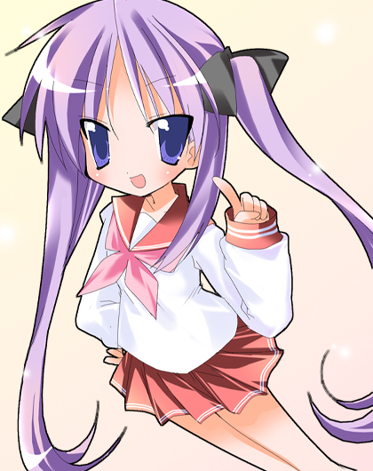 paco, hiiragi kagami, lucky star, 00s, 1girl, :d, ascot, blue eyes, blue hair, bow, female focus, hair bow, hand on own hip, index finger raised, long sleeves, matching hair/eyes, open mouth, pink ascot, purple hair, school uniform, serafuku, skirt, smile, solo, twintails