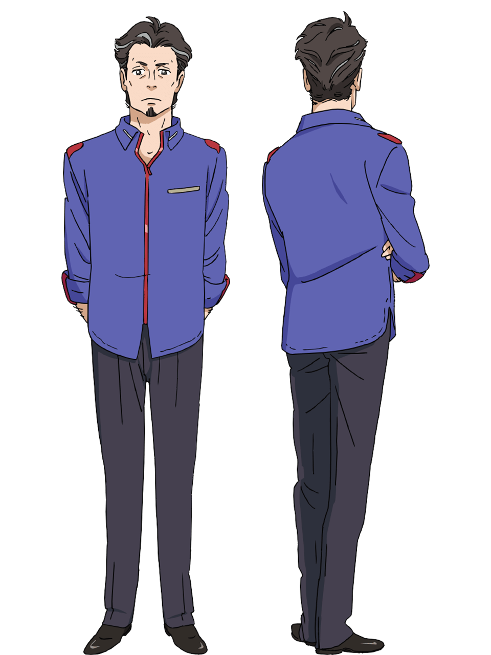 yoshida ken'ichi, chikyuugai shounen shoujo, highres, official art, 2boys, anime coloring, arm behind back, back, beard, black hair, black shoes, blue shirt, closed mouth, collared shirt, crossed arms, dress shoes, facial hair, from behind, full body, grey eyes, grey pants, long sleeves, looking at viewer, mature male, multiple boys, multiple views, pants, sagami (chikyuugai), shirt, shoes, short hair, simple background, sleeves rolled up, standing, transparent background, untucked shirt