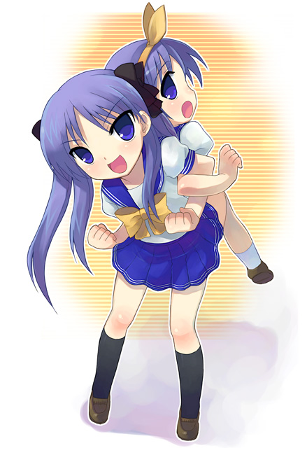 otoutogimi, hiiragi kagami, hiiragi tsukasa, lucky star, 00s, 2girls, back-to-back, black socks, blouse, blue eyes, blue hair, blue skirt, full body, kneehighs, lifting person, locked arms, looking at viewer, multiple girls, pleated skirt, puffy short sleeves, puffy sleeves, purple hair, school uniform, serafuku, shirt, short sleeves, siblings, side ponytail, sisters, skirt, socks, standing, twins, white shirt