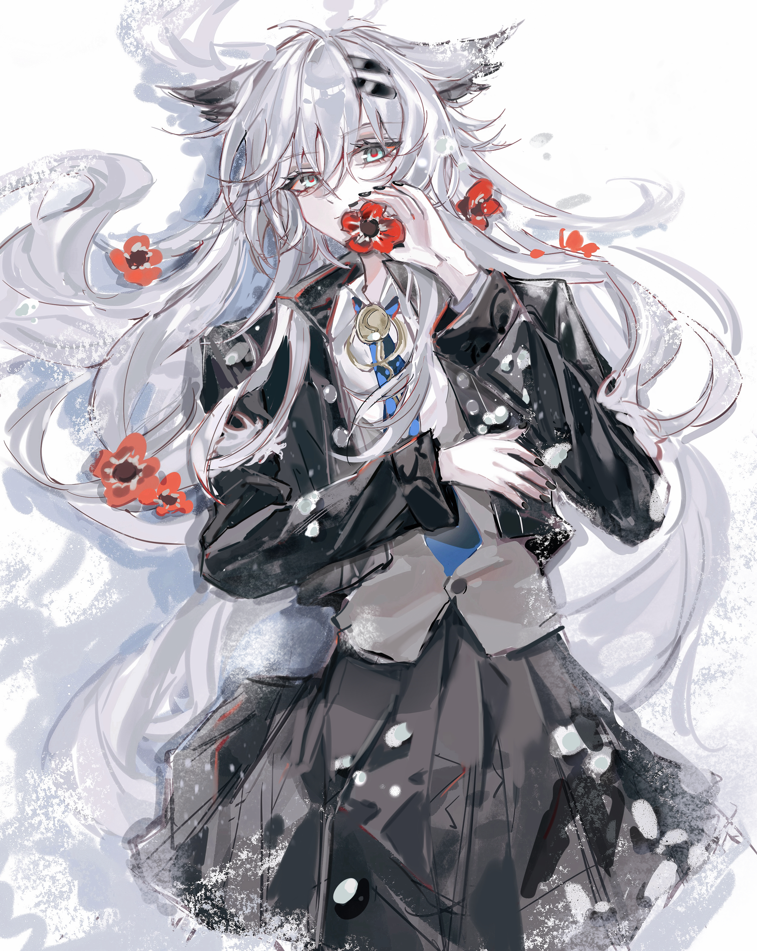 zhishi mao tiao, lappland (arknights), arknights, absurdres, chinese commentary, commentary request, highres, 1girl, animal ears, black jacket, black nails, black skirt, blue necktie, collared shirt, fingernails, flower, grey hair, grey vest, hair between eyes, hair ornament, hairclip, holding, holding flower, jacket, long hair, long sleeves, looking at viewer, nail polish, necktie, open clothes, open jacket, orange flower, pleated skirt, red flower, shirt, skirt, solo, vest, white shirt, wolf ears, wolf girl