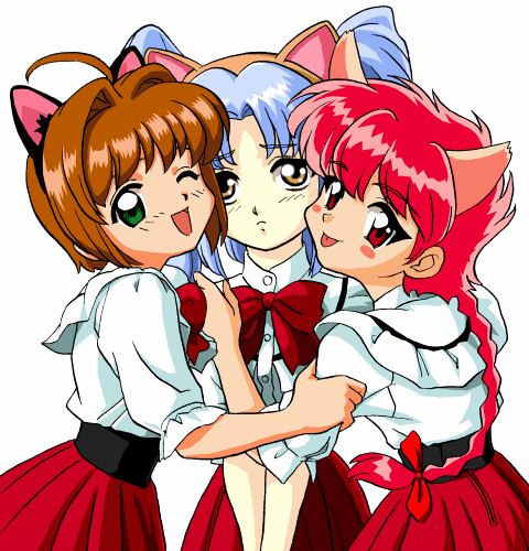 hoshino ruri, kinomoto sakura, shidou hikaru, cardcaptor sakura, kidou senkan nadesico, magic knight rayearth, lowres, 3girls, :p, animal ears, blue hair, blush, blush stickers, brown hair, cat ears, child, cosplay, crossover, green eyes, happy, multiple crossover, multiple girls, one eye closed, red eyes, red hair, school uniform, shidou hikaru (cosplay), simple background, smile, tomoeda middle school uniform, tongue, tongue out, white background, wink, yellow eyes