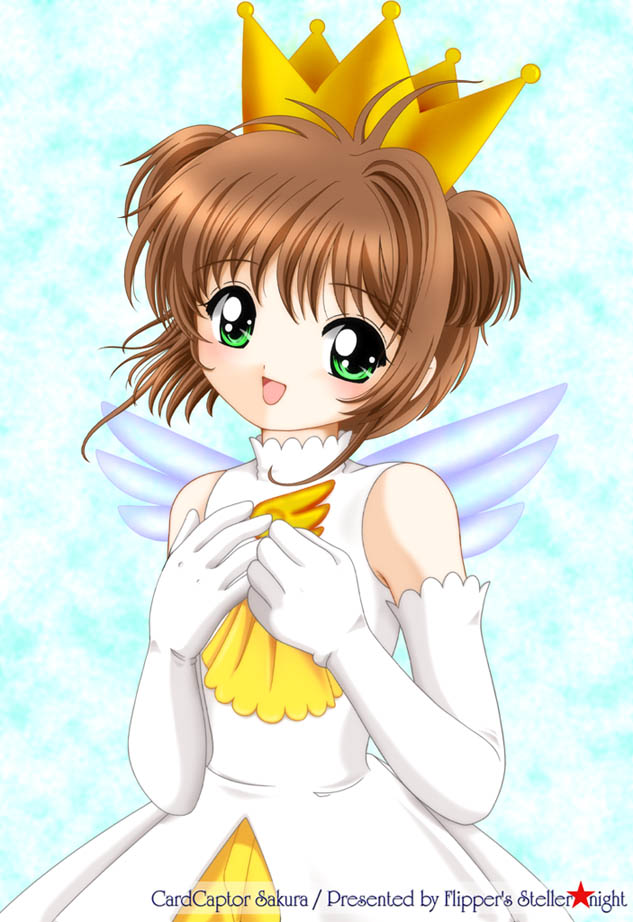 kinomoto sakura, cardcaptor sakura, 1990s (style), 1girl, brown hair, child, elbow gloves, female focus, gloves, green eyes, looking at viewer, retro artstyle, short hair, smile, solo, white gloves, wings