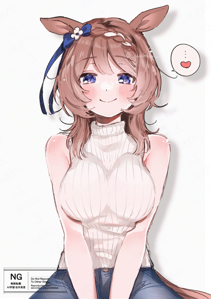 amakazu 33, super creek (umamusume), umamusume, commentary request, 1girl, animal ears, blue bow, blue eyes, blue pants, blue ribbon, bow, braid, breasts, brown hair, denim, ear bow, heart, horse ears, horse girl, horse tail, jeans, large breasts, looking at viewer, medium hair, multicolored hair, pants, ribbon, sitting, sleeveless, sleeveless sweater, solo, spoken heart, streaked hair, sweater, tail, turtleneck, turtleneck sweater, white hair, white sweater