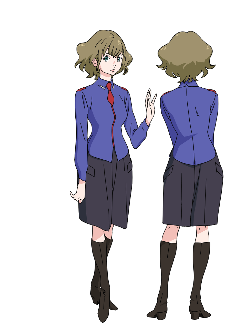 yoshida ken'ichi, chikyuugai shounen shoujo, highres, official art, 2girls, anime coloring, back, blue eyes, blue shirt, boots, brown boots, closed mouth, collared shirt, from behind, full body, green hair, grey shorts, hand up, lips, long sleeves, looking at viewer, multiple girls, multiple views, nobeyama (chikyuugai), open hand, shirt, short hair, shorts, sidelocks, simple background, standing, transparent background, untucked shirt