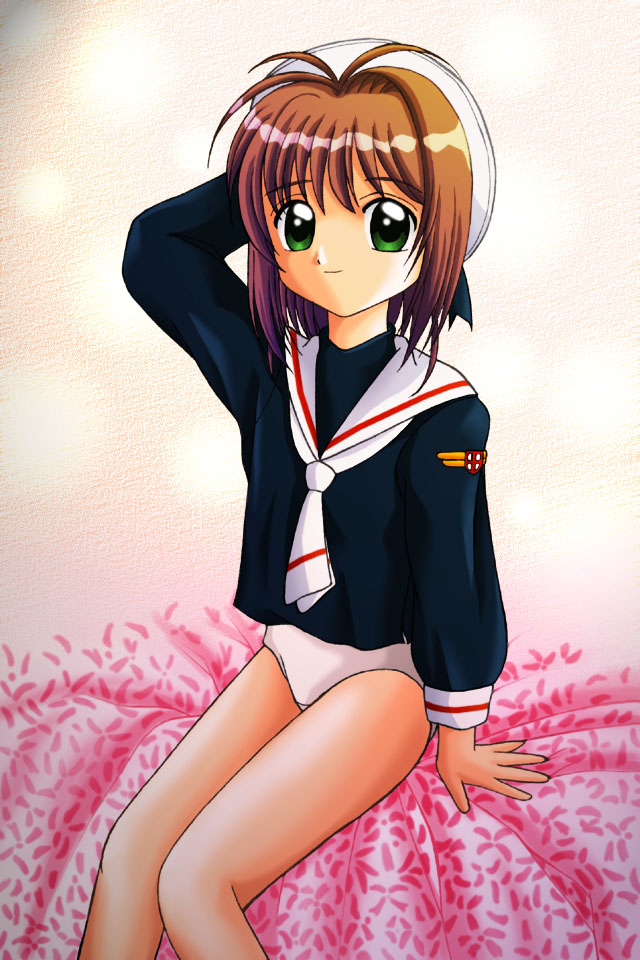 kinomoto sakura, cardcaptor sakura, artist request, 1990s (style), 1girl, blush, brown hair, child, female focus, green eyes, looking at viewer, panties, retro artstyle, school uniform, serafuku, short hair, solo, tomoeda middle school uniform, underwear
