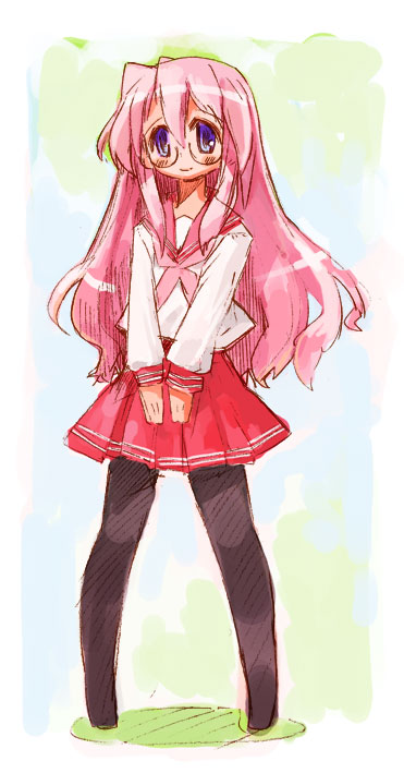 momiji mao, takara miyuki, lucky star, 00s, blue eyes, glasses, pantyhose, pink hair, school uniform, serafuku, solo
