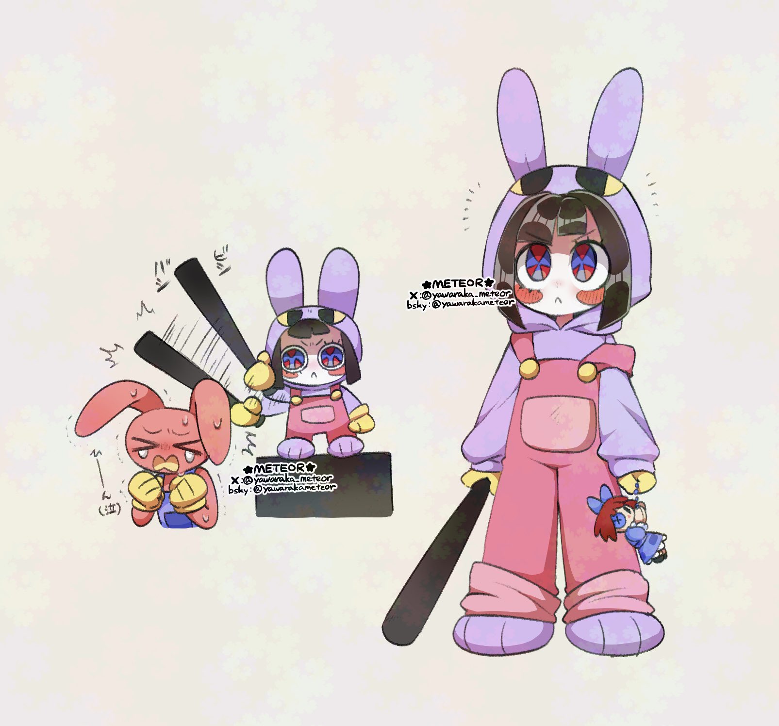 yawaraka meteor, jax (the amazing digital circus), pomni (the amazing digital circus), ragatha (the amazing digital circus), the amazing digital circus, commentary, highres, symbol-only commentary, > <, 1boy, 2girls, alternate color, animal ears, artist name, baseball bat, blue overalls, blush, blush stickers, bonk, brown hair, character charm, charm (object), cosplay, gloves, holding, holding baseball bat, jax (the amazing digital circus) (cosplay), multicolored eyes, multiple girls, objectification, official alternate costume, overalls, rabbit boy, rabbit ears, red overalls, simple background, sweat, tearing up, twitter username, two-tone eyes, white background, yellow gloves