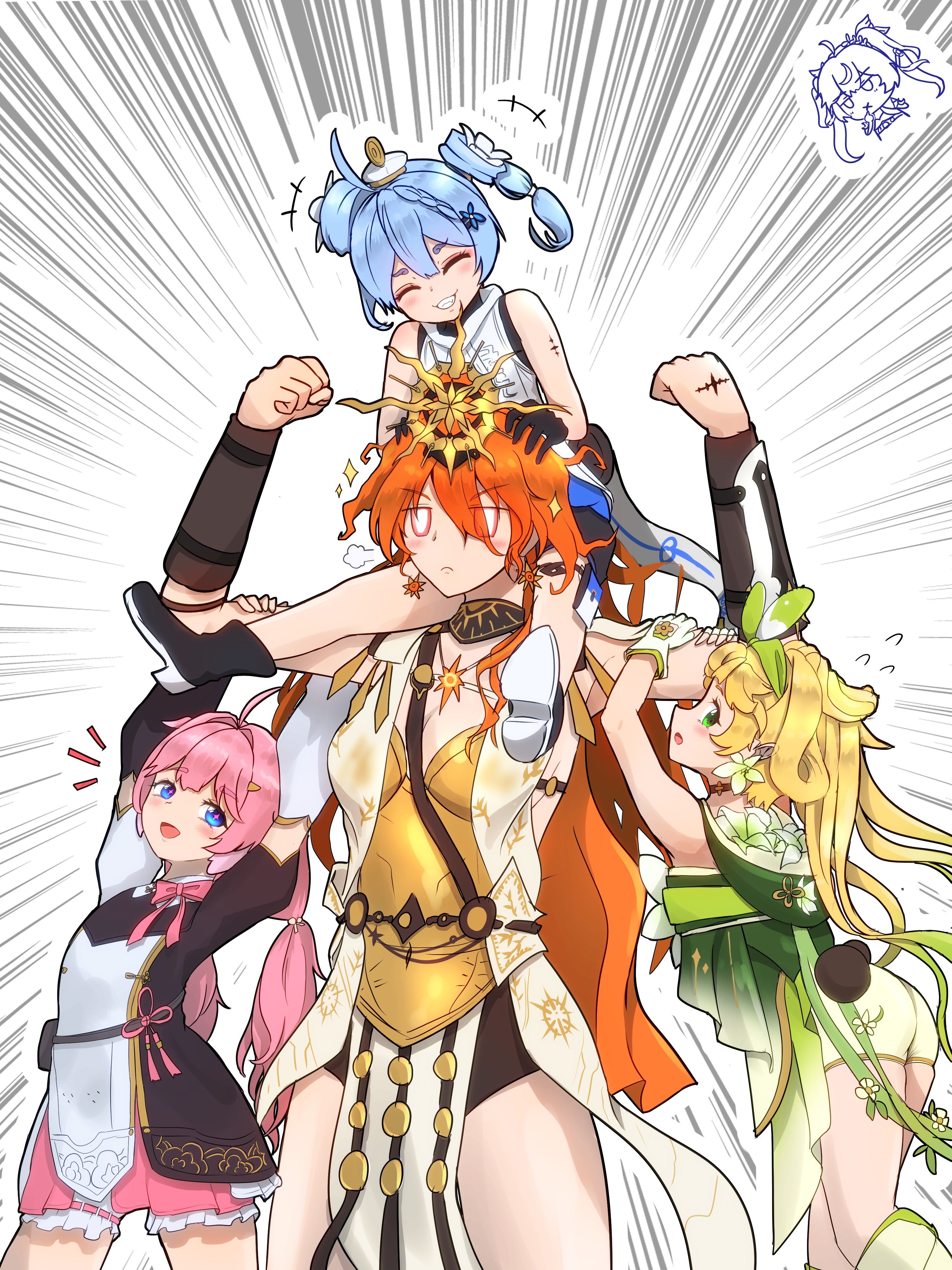 syka ww, augusta (wuthering waves), encore (wuthering waves), iuno (wuthering waves), verina (wuthering waves), youhu (wuthering waves), wuthering waves, absurdres, chinese commentary, commentary request, highres, 5girls, ancient greek clothes, armor, black collar, blonde hair, blue hair, blush, bow, breastplate, breasts, closed eyes, closed mouth, collar, dress, earrings, flower, greco-roman clothes, green dress, green eyes, hair bow, hair ornament, hand up, jewelry, long hair, looking ahead, medium breasts, multiple girls, open mouth, orange hair, pink bow, pink hair, pink pupils, sitting, sitting on person, sitting on shoulder, smile, sun earrings, tacet mark (wuthering waves), thick eyebrows, white background, white collar, white flower