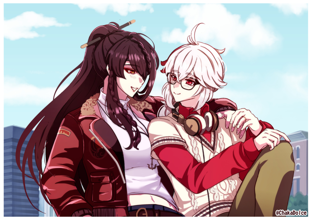 beidou (genshin impact), beidou (mcdonalds) (genshin impact), kaedehara kazuha, kaedehara kazuha (mcdonalds), genshin impact, commentary request, 1boy, 1girl, anchor necklace, arm around shoulder, blue sky, breasts, brown hair, building, chakadolce, cloud, cloudy sky, collared shirt, contemporary, couple, glasses, grin, hair ornament, hair over one eye, hair stick, hand on another's shoulder, hand on own knee, headphones, headphones around neck, hetero, jacket, jewelry, knee up, leather, leather jacket, long hair, long sleeves, medium breasts, midriff, navel, necklace, official alternate costume, open clothes, open jacket, outdoors, red eyes, red shirt, ring, shirt, sky, smile, sweater, turtleneck, turtleneck shirt, twitter username, upper body, wedding ring, white hair, white shirt